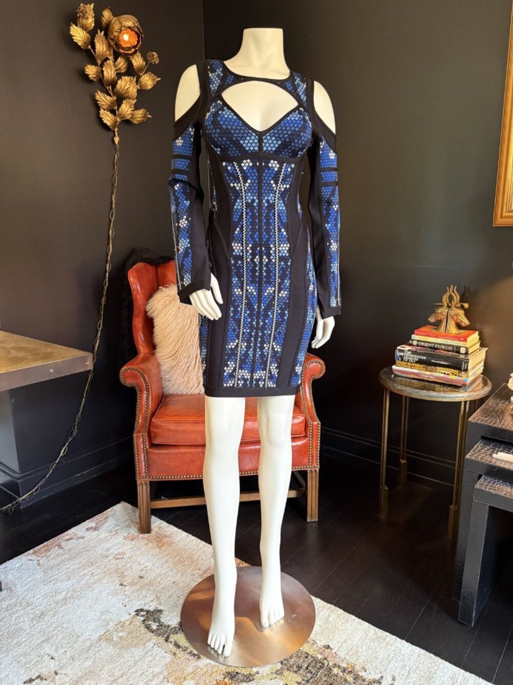 NWT HERVE LEGER Multicolor Blues Cutout Long Sleeve Bandage Mini M